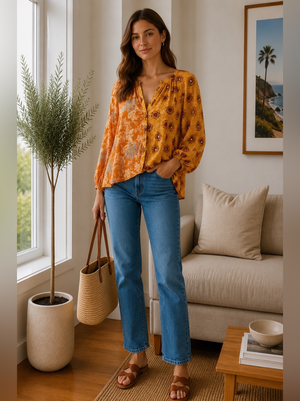 Zara‎ Bohemian Style Button Down Top Blouse Embroidered Yellow Orange size XL